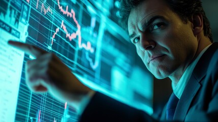 Focused businessman analyzing financial data on a large interactive screen, pointing at key market trends.