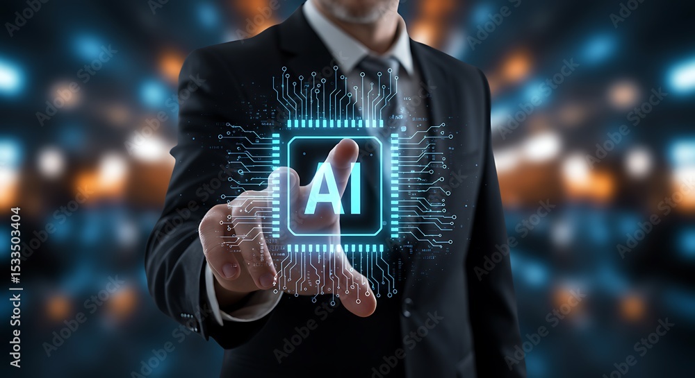 Poster businessman touching ai interface representing artificial intelligence and technological advancement