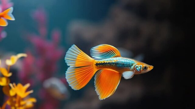 Colorful guppy fish swimming in aquarium with vibrant fins and aquatic plants in background