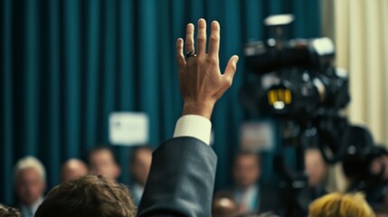 A man raises his hand during a meeting or conference, signifying a question or comment.