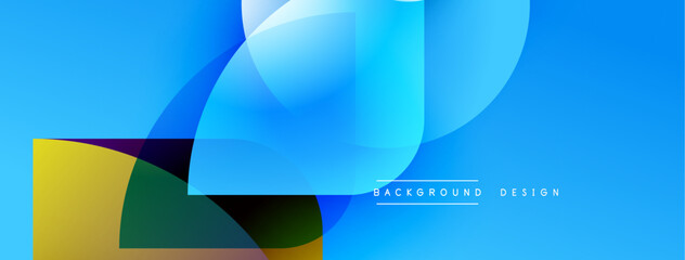 Abstract geometric shapes overlap. Blue dominates with accents yellow, green. Modern design suggests fluidity, dynamism.