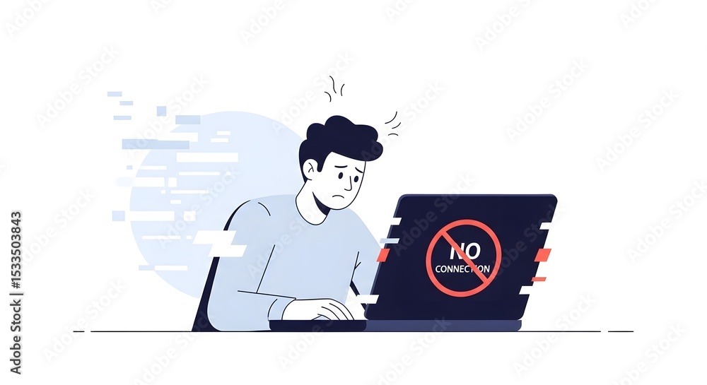 Poster man looking at laptop with no connection symbol and concerned expression on his face