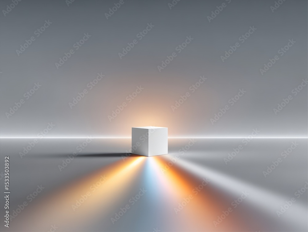 Poster white cube illuminated by colorful rays on grey background