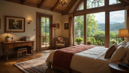 Luxurious bedroom retreat with breathtaking mountain views offering serenity and peace in a rustic interior with warm