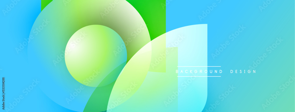 Poster abstract geometric shapes overlap. blue, green hues create modern design. smooth gradients offer vis