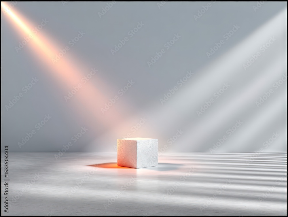 Poster white cube with diagonal shadow and light beams