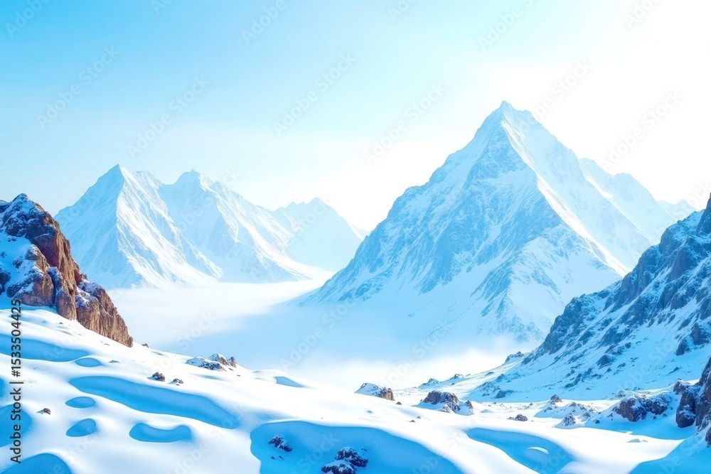 Poster a mountain range covered in snow with a clear blue sky in the background
