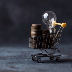 Startup Idea Represented by Coin Filled Cart and Lightbulb