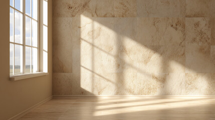 Serene empty room with large window, showcasing beige stone wall and soft natural light creating gentle shadows
