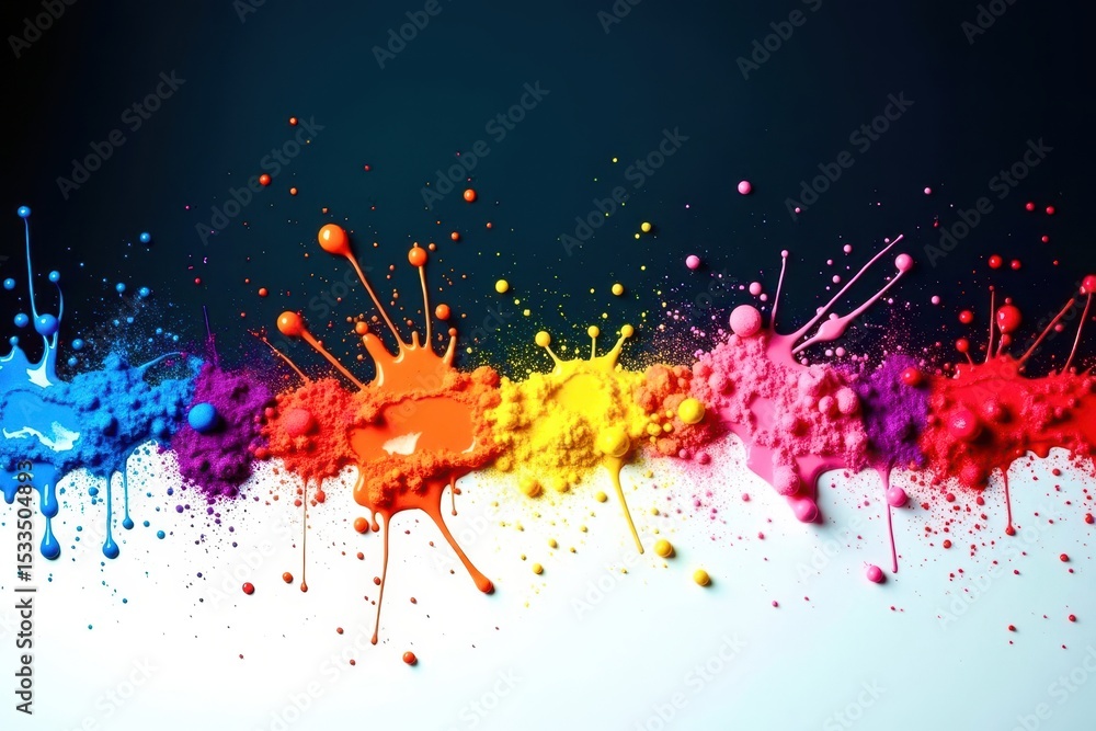 Poster a colorful line of paint splatters on a white background