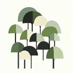 A minimalist vector illustration of trees in shades of green and gray, with large shapes that resemble mushroom caps, arranged to form an abstract forest landscape.