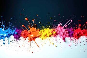 A colorful line of paint splatters on a white background