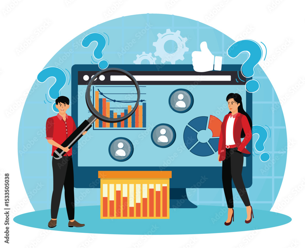 Poster marketing research business analysis and data representation with teamwork.