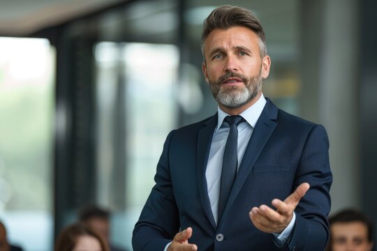 Mature businessman giving a speech at a conference