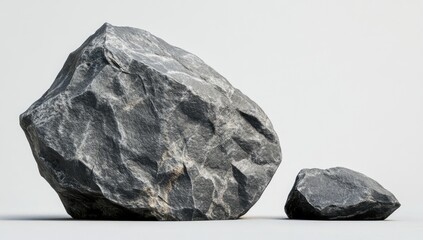 3D render of a large rock with a smaller one next to it, on a grey background.