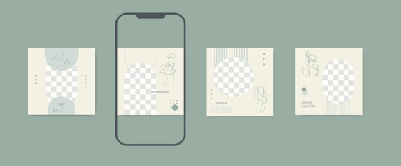 A clean and structured Instagram grid layout in muted green tones. Suitable for design agencies, personal branding, and wellness creators.