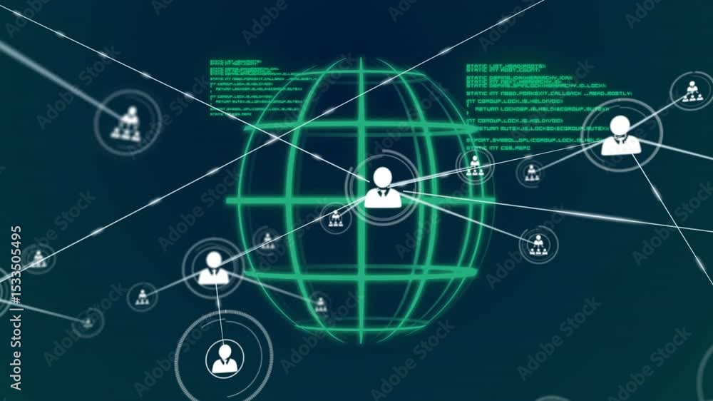 Poster glowing globe initiating avatar emerging, sending connecting lines and code forming global network