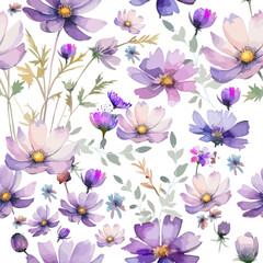 Hand drawn purple cosmos flower seamless pattern. Exotic floral pattern design for fabric, textiles, clothing. Seamless background with purple cosmos flowers. Not AI, Vector illustration