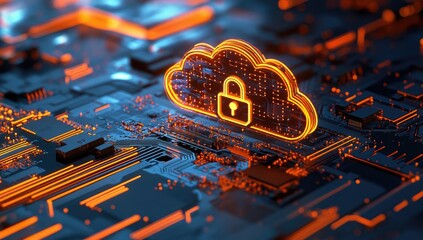 3D rendering of a digital cloud with a padlock icon on a circuit board background, symbolizing data security in a virtual heaven for an online server 