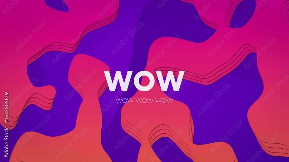 Poster magenta shapes fluctuating then white wow text appearing spinning while subtitles fading in loop