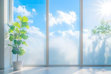 A photo of frosted window film on the glass, creating an effect that allows light to pass through while showing a clear view outside with clouds and blue sky.