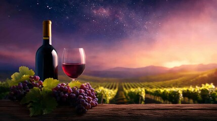 A vineyard glowing with light and meteors above