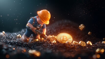 3D cartoon crypto miner in a digital cave
