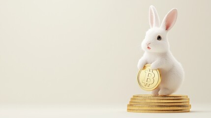 Cute 3D bunny bouncing on a gold coin, white background