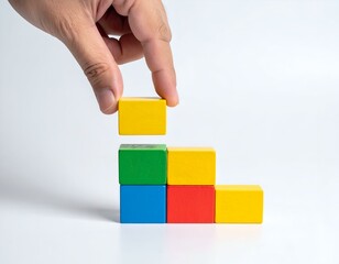 Obraz premium Hand placing yellow block on colorful wooden block tower. Concept of growth, planning, strategy, building, success.