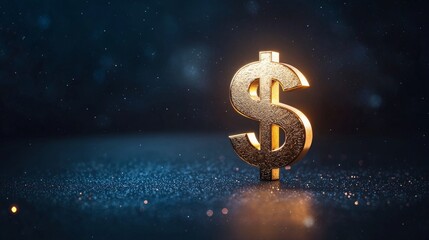 3D golden dollar sign glowing in the dark