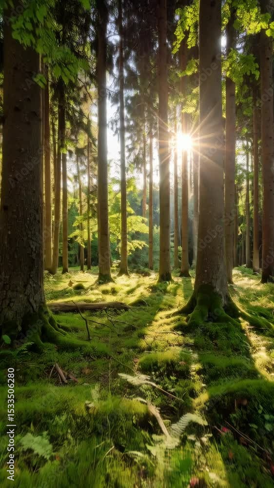Poster sunlight filters through tall trees in a tranquil woodland scene, illuminating moss-covered ground a