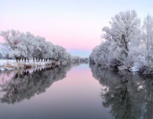 Serene winter landscape frost-covered trees reflected in a calm river at dawn. Pastel sunrise colors.