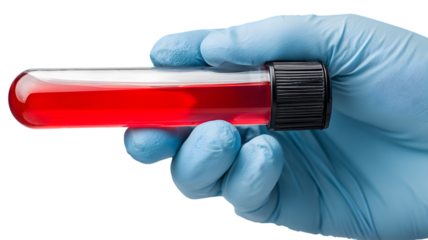 A gloved hand holds a test tube filled with red liquid indicating a medical or scientific sample transparent