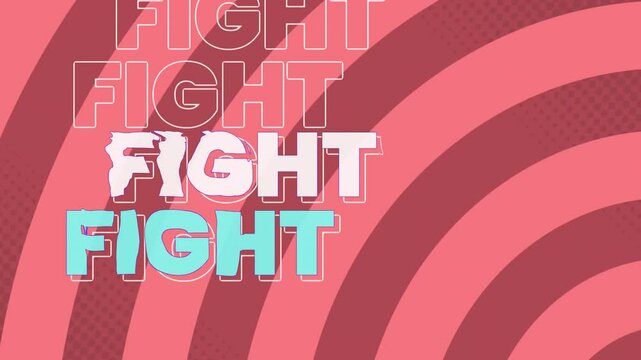 Glitch fragments flashing coral arcs drifting into FIGHT outlines, teal FIGHT emerging for reveal