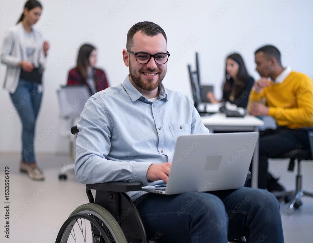 Poster smiling man in wheelchair using laptop in office with colleagues. focus on inclusion and teamwork.