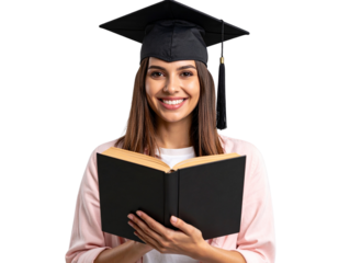 A happy young woman wearing a graduation cap and casual clothes, holding a book