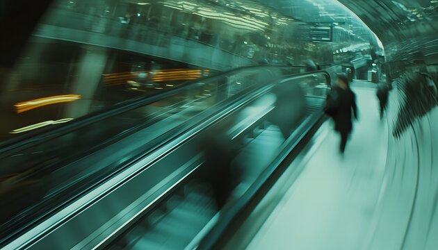 Blurred motion of people on a moving staircase.
