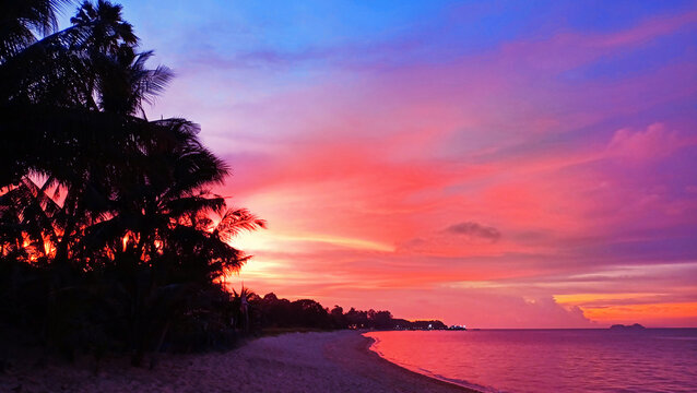 Sunset beach landscape, beautiful sea sunrise, ocean tropical island, red orange pink purple sky background, colorful clouds, palm trees silhouette, paradise nature, summer holidays, vacation, travel