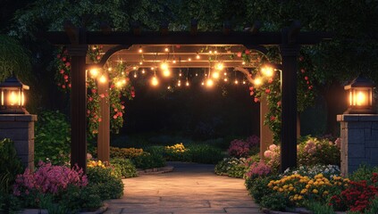 3D rendering of a beautiful arbor with hanging lights, surrounded by purple and white flowers in the front yard.