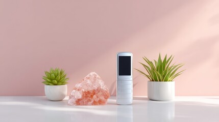 White Flip Phone on Modern Desk with Succulents and Pink Crystal