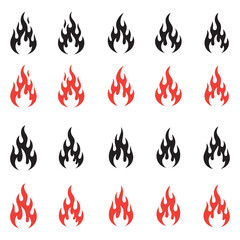 Set of stylized fire icons in red and black.