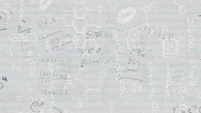 Equations drifting on gray grid initiating Na Fe structures floating, illustrating science concepts