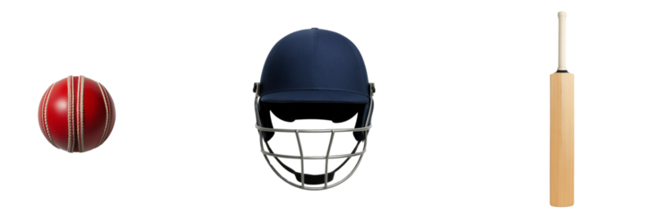 Cricket Equipment Set – Ball, Helmet, and Bat Isolated on Transparent Background


