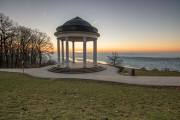 Beautiful temple in a landscape shot. Sunrise on a winter morning. Beautiful view along the Rhine...