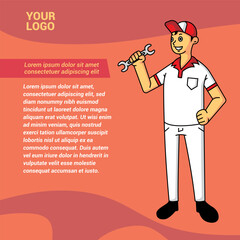brochure about inviting vehicle repair with mascot of person with wrench.eps