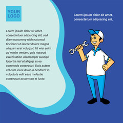 brochure about vehicle repair with mascot of person with wrench.eps