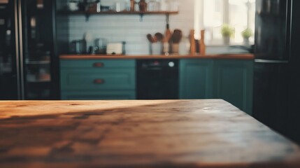 Fototapeta premium Modern farmhouse kitchen with mint green cabinets and wooden accents.