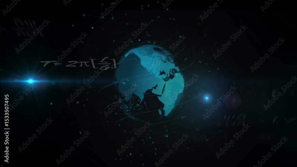 Poster cyan globe emerging from void rotating while light flare sweeping formulas appearing showing data