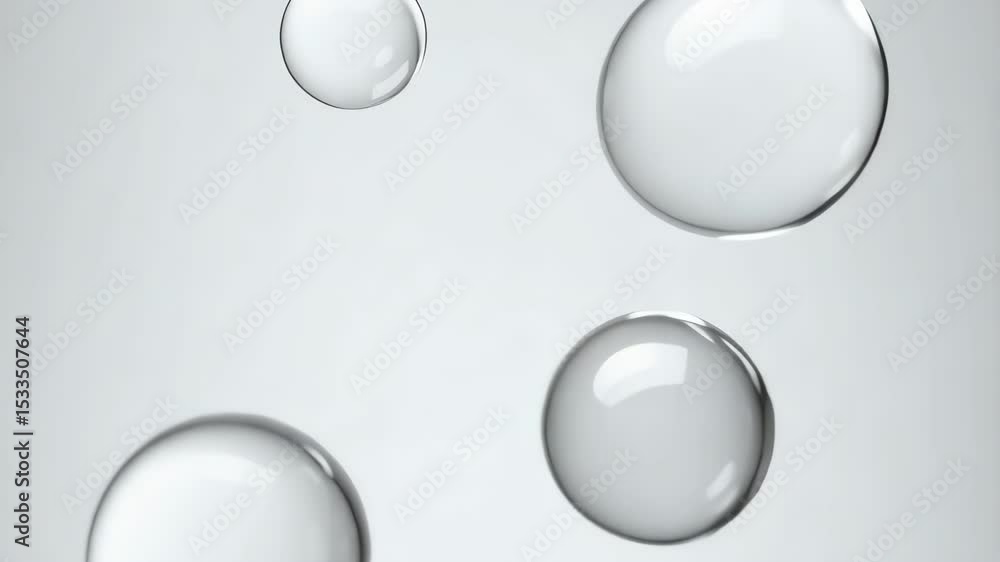 Poster abstract motion of clear water spheres floating in front of a soft light grey background, with subtl