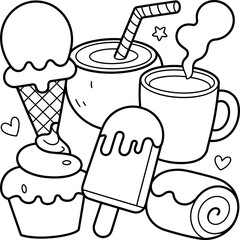 A sweet celebration! This adorable kawaii-style coloring page features a happy group of smiling desserts and drinks, from a cheerful ice cream cone to a cozy mug of hot coffee, all gathered together.